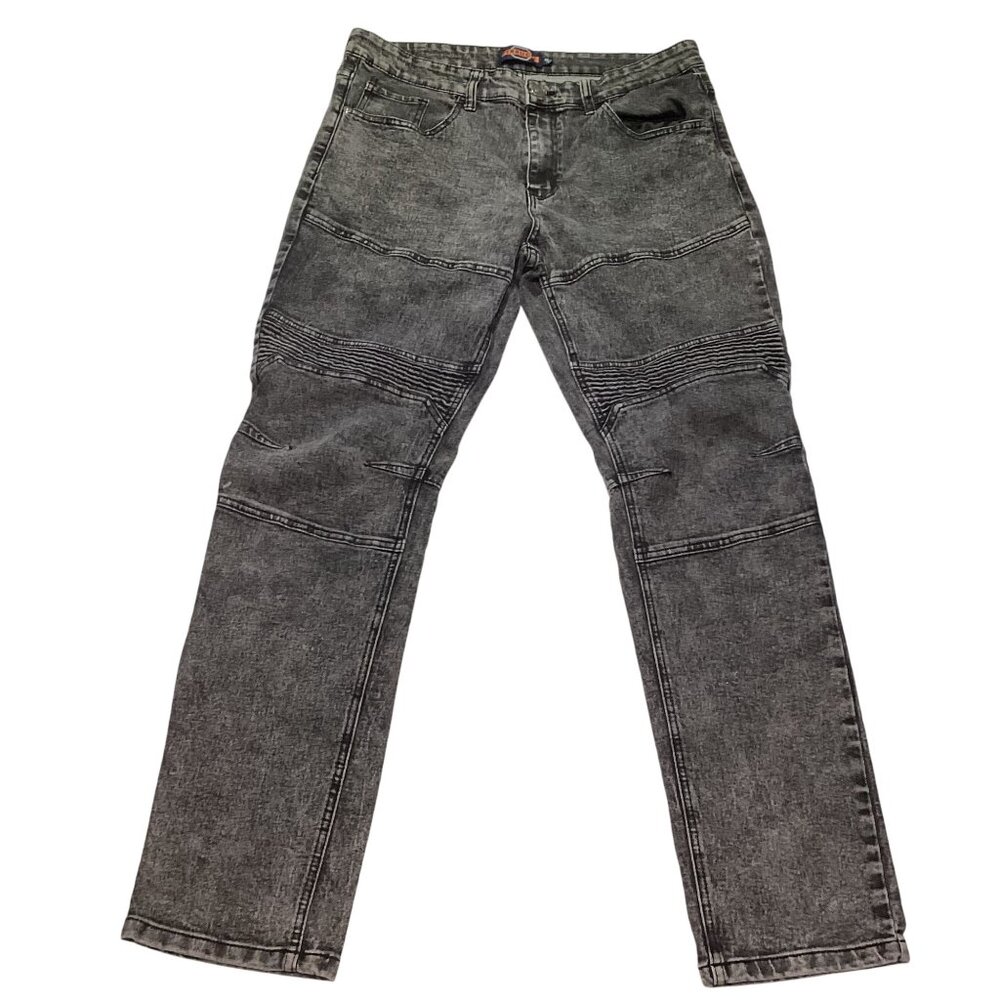 Ferruche Double Knee Moto Jeans Mens Size 36X32 Black Medium Wash Ribbed Denim
